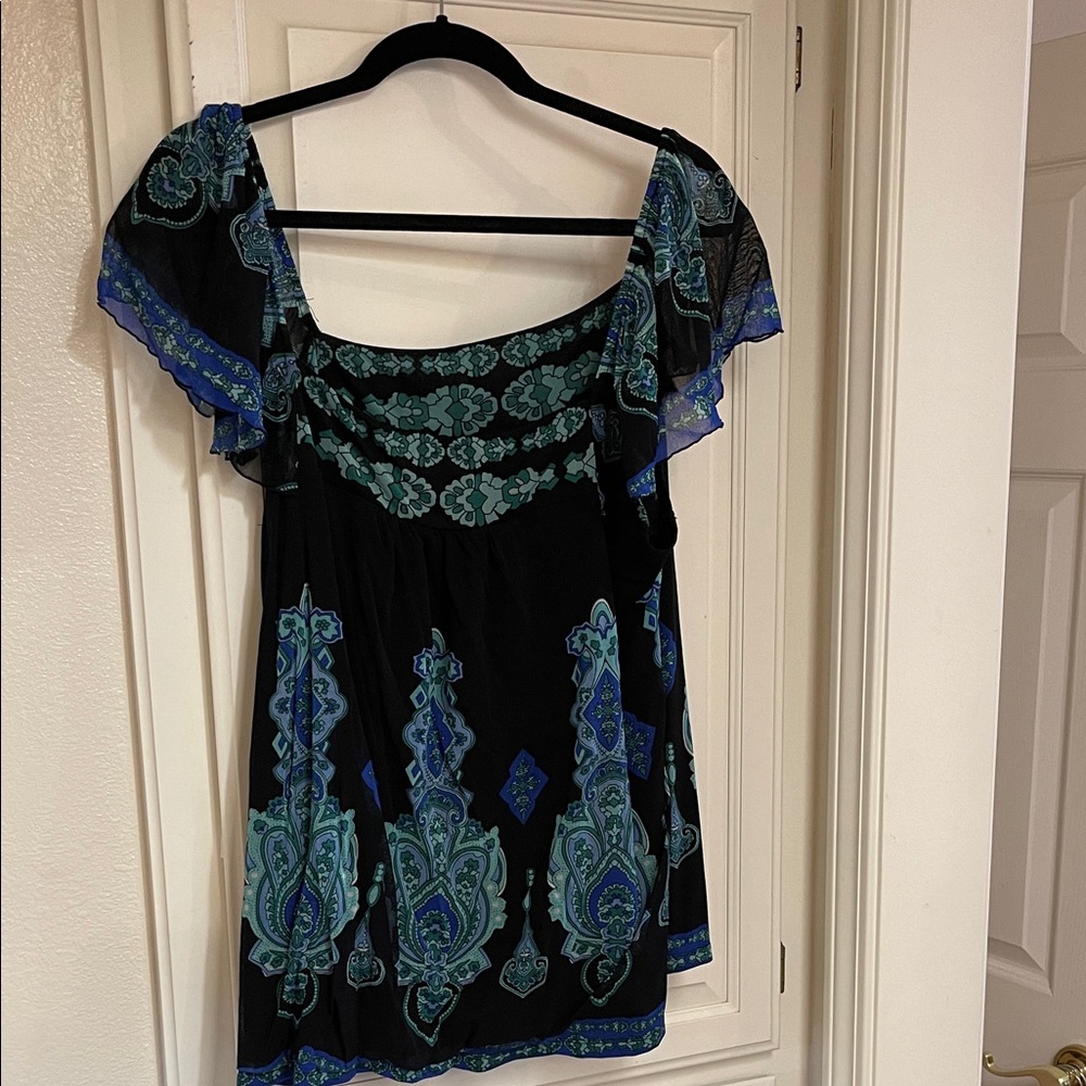 INC International Concepts Black Blouse with Blue Floral Design